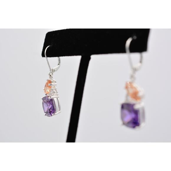 NVC Crystal Dangle Earrings Purple Orange Rhinestone Silver Tone Signed BinAK - Picture 3 of 12